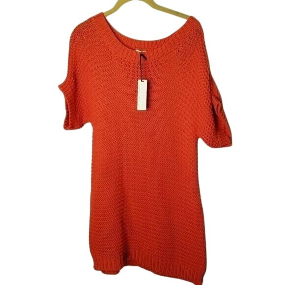 Rag Poets NWT Orange Chunky Knit Sweater Tunic Short Sleeve Casual Comfort Large